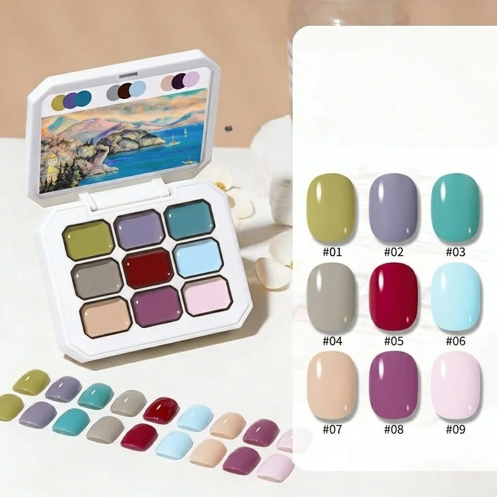 9 Colors Morandi Blue Purple Solid Gel Palette UV LED Soak Off Nail Patting Cream Gel Free Nail Brush for Summer Seaside Nail Ar