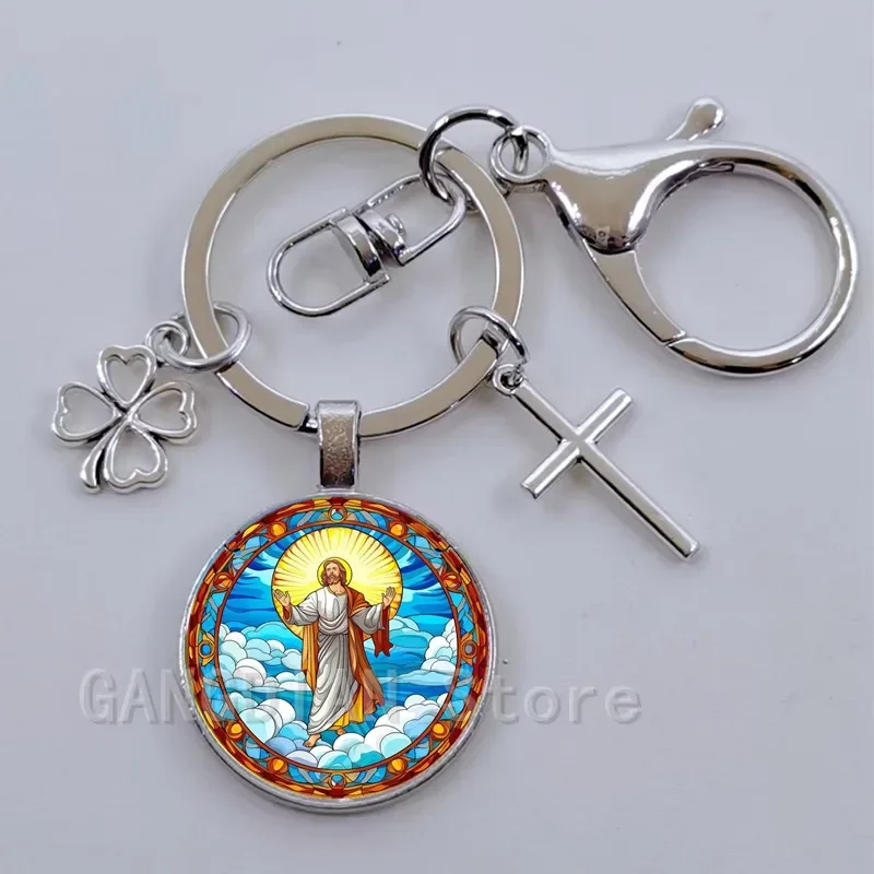 Virgin Mary of Jesus, Christian patterned glass convex circular keychain