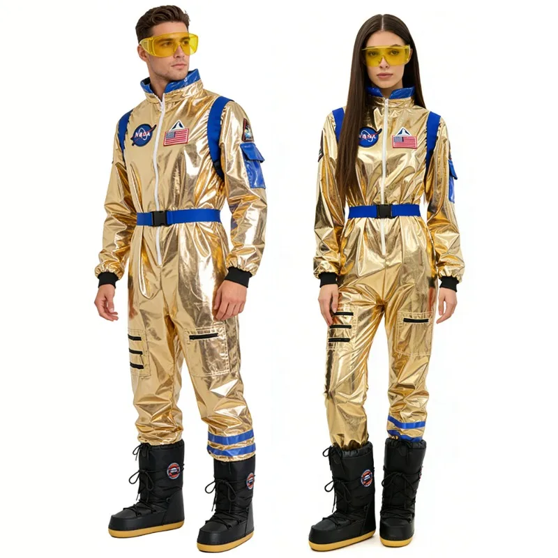 

Astronaut Cosplay Costume Spacesuit Couple Outfits Golden Jumpsuit with Belt Glasses Full Set for Women Men Theme Party