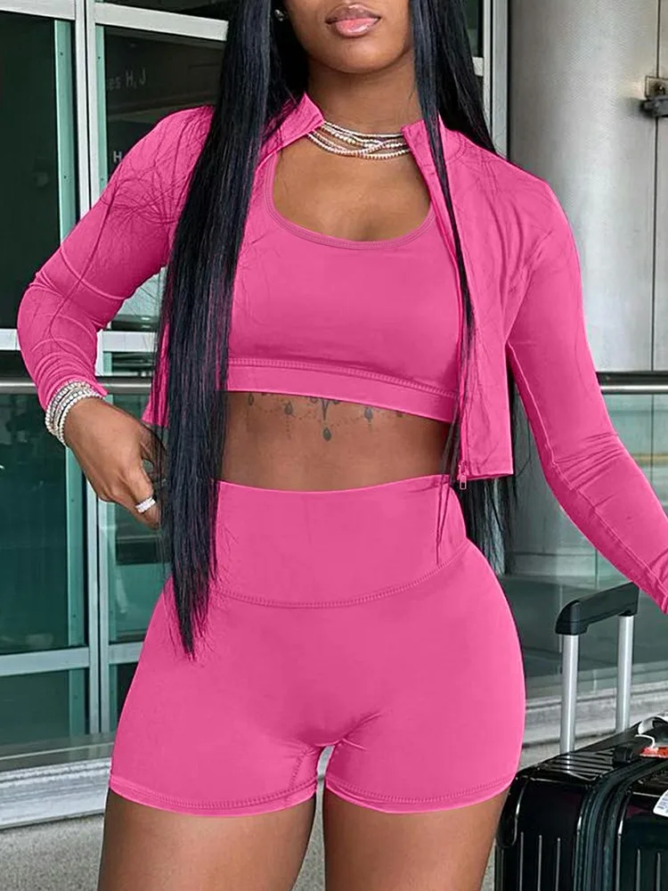 

LW 3Pcs Tracksuits for Women Spring Summer Casual Long Sleeve Jacket Vest Tops Sports Skinny Yoga Workout Gym Running Shorts Set