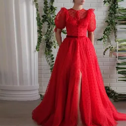 Sevintage Red Polka Dots Tulle Prom Dresses Short Sleeves High Side Split Long A-Line Evening Gowns Formal Party Dress 2022