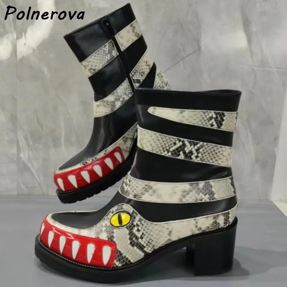 Cartoon Pattern Western Cowboy Boots Monster Teeth Side Zipper Chunky Heel Cosplay Short Boots Winter Niche Fashion Shoes