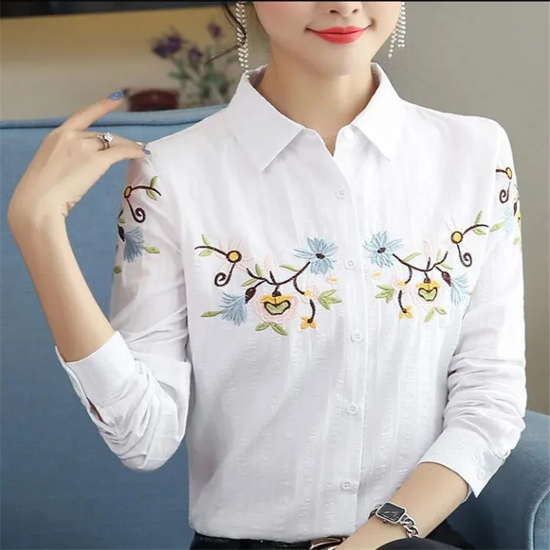 Pure Cotton Embroidered Shirt Women Blouses Retro Blouse National Tops Lapel Long-Sleeve Button Loose All-Match Female Blusa