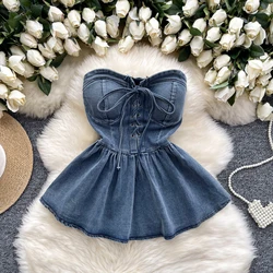 Women vintage Chic lace-up ruffle sleeveless cowboy Tank Top Slim camis Sexy Korean Fashion tube top summer Women  Crop Top