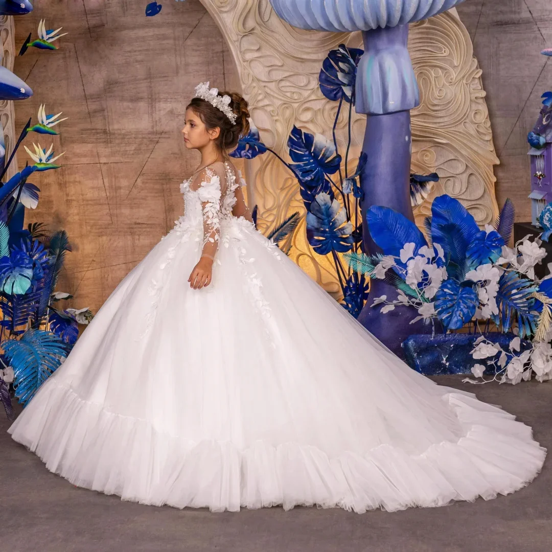 Customized Flower Girl Dresses White Tulle Flowers Embroidery Long Sleeve For Wedding Birthday Party Banquet Pageant Prom Gowns