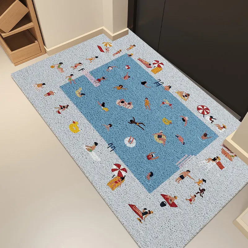 Summer Swimming Pool Crowd Illustration PVC Coil Doormat Cuttable Anti Slip Entrance Door Mat Dirt Sand Trapping Floor Rug
