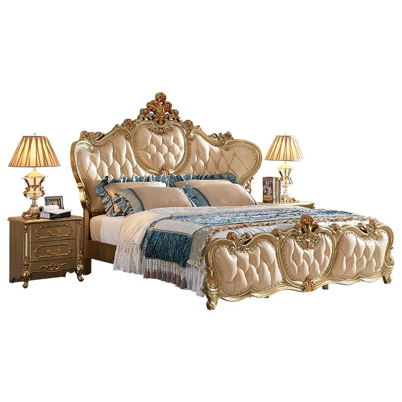 

-ab Luxury European Royal Double Bed Set Genuine Leather with Solid Wood Frame for Villa Hotel Bedroom Furniture Living Room