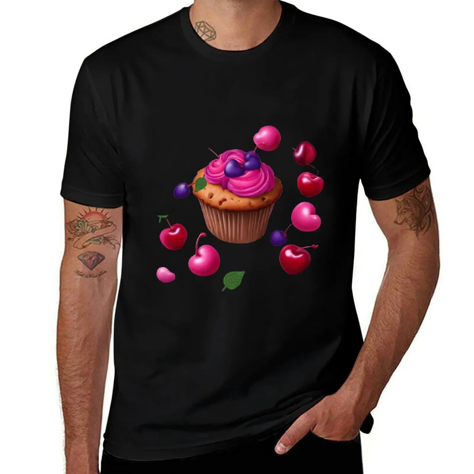 

Delicious Cute Cupcake for real Baking Lovers, pink sugar frosting, Cherry tasty food T-Shirt kawaii clothes men t shirts