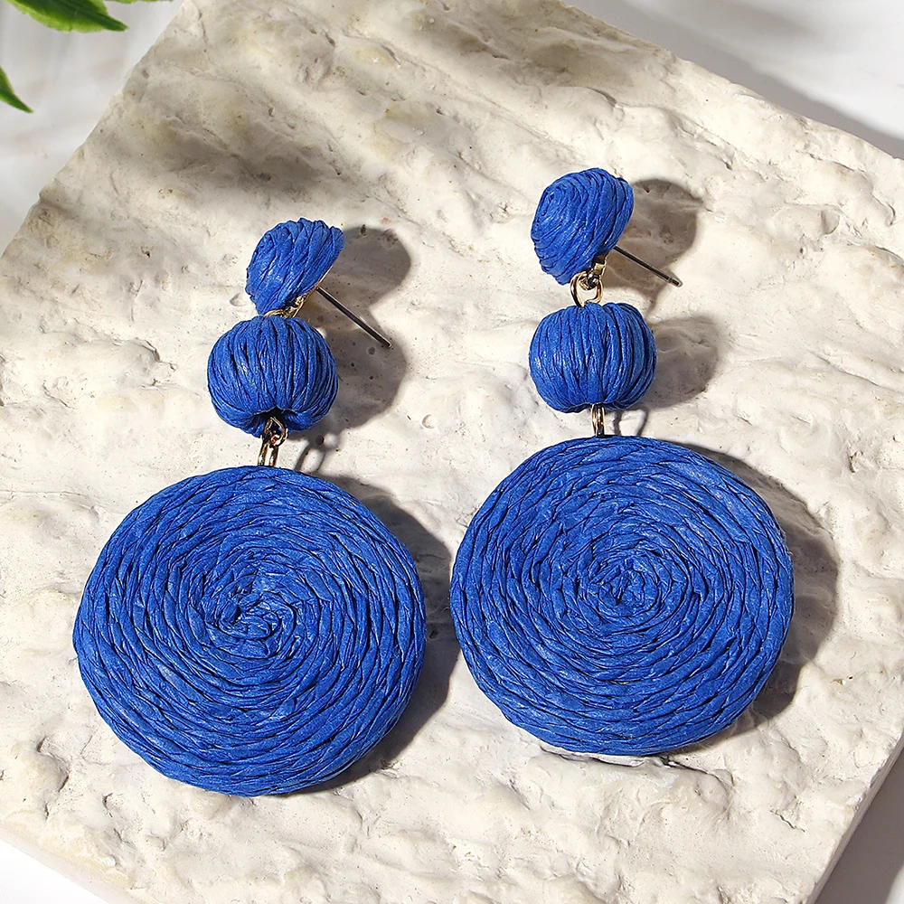Boho Yellow Raffia Round Drop Earrings for Women