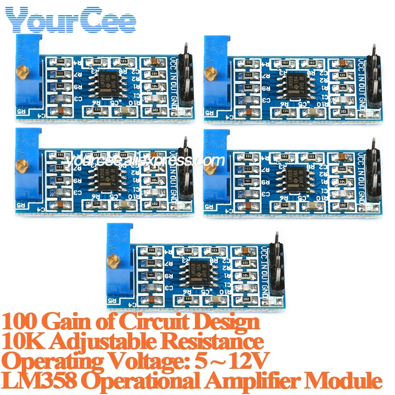 5pcs/1pc LM358 LM358P Operational Amplifier Board Module 5 ~ 12V 100 Times Gain Signal Amplification Acquisition Adjustable