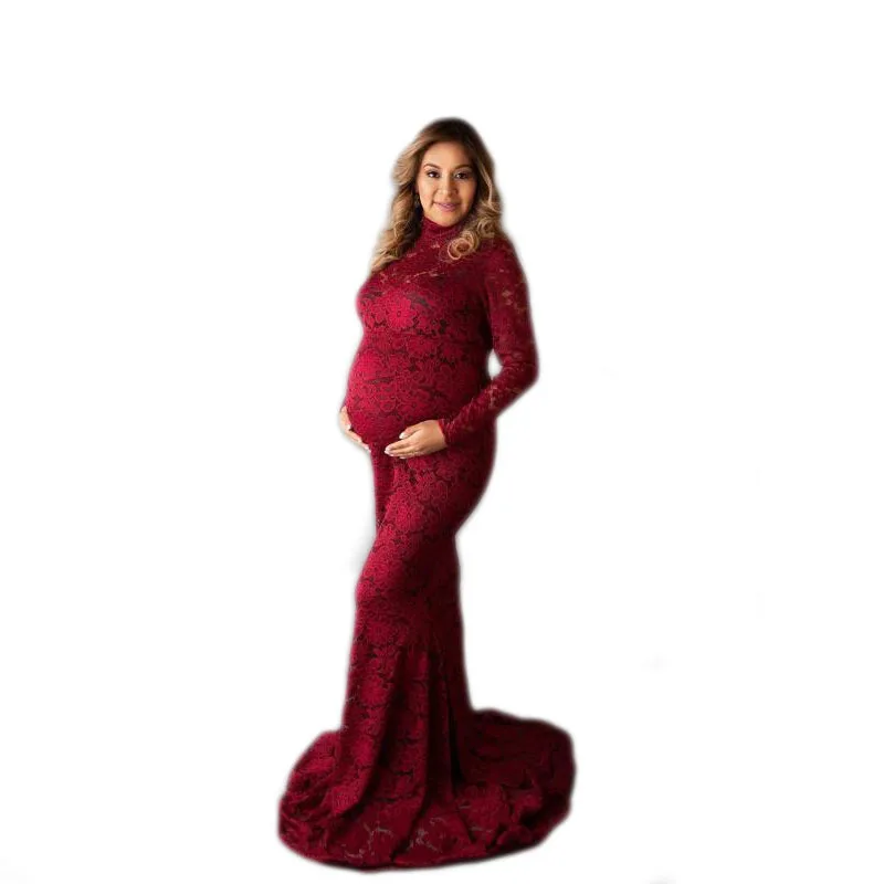 

European & American Women's Lace Long Sleeve Maternity High Neck Wedding Photography Dress with Train Clothes for Pregnant Women