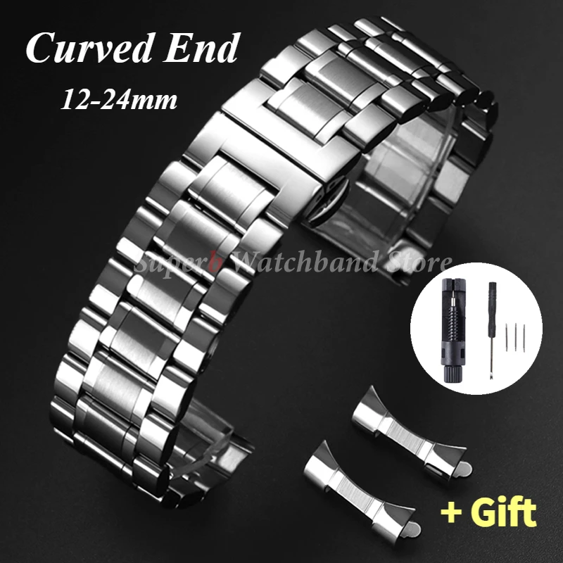 カーブエンドステンレススチール時計ストラップロンジン用ティソブレスレット 12/13/14/16/17/18/19/20/21/22/23/24 ミリメートルバタフライクラスプ
