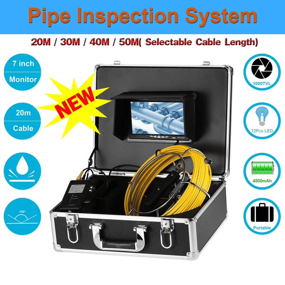 20m Cable 7'' TFT LCD Handheld Pipe Sewer Inspection Video Camera System With 23MM Camera Head Pipeline Industrial Endoscope