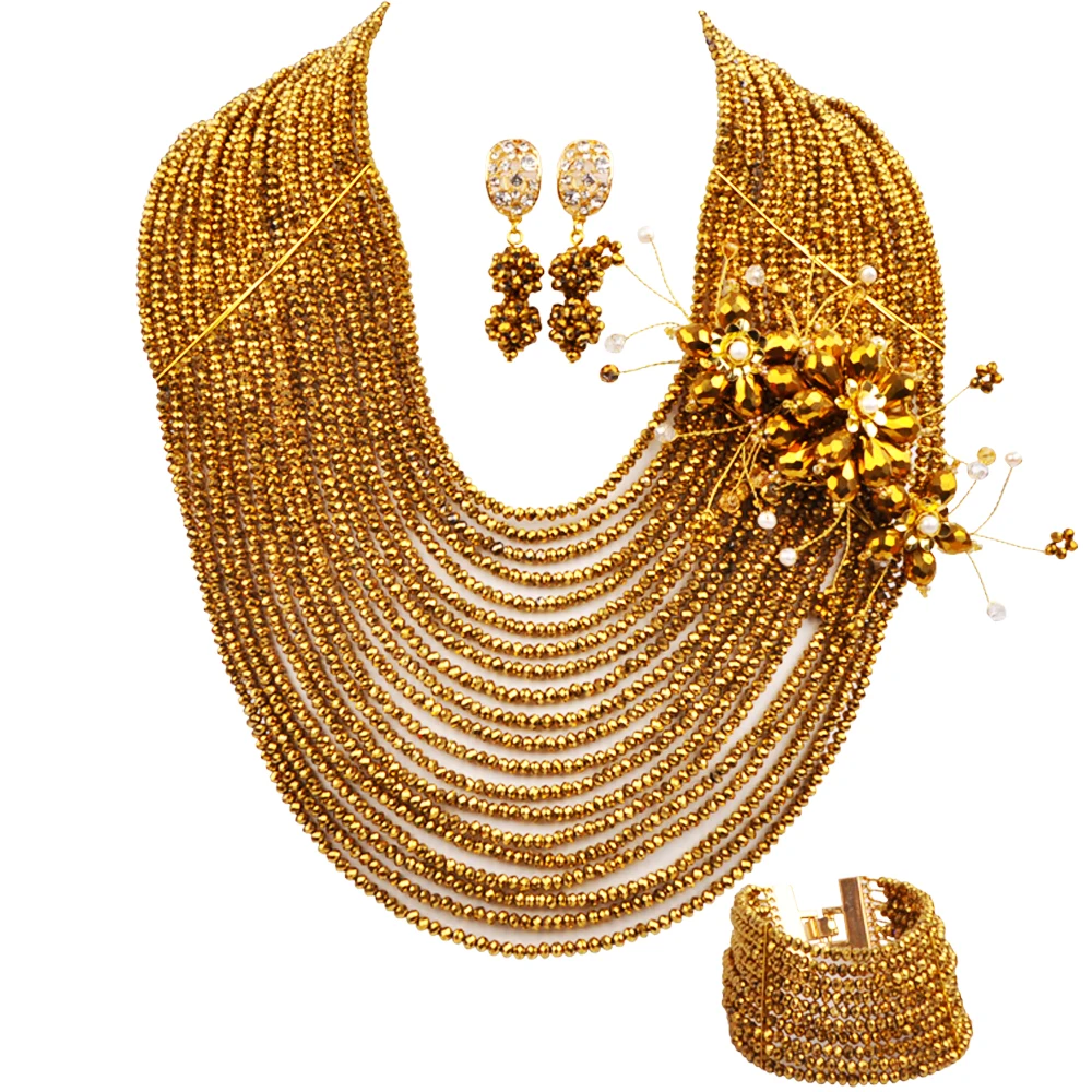 

Gold Plated Nigerian Wedding African Jewelry Set Crystal Beads Costume Jewelry Sets