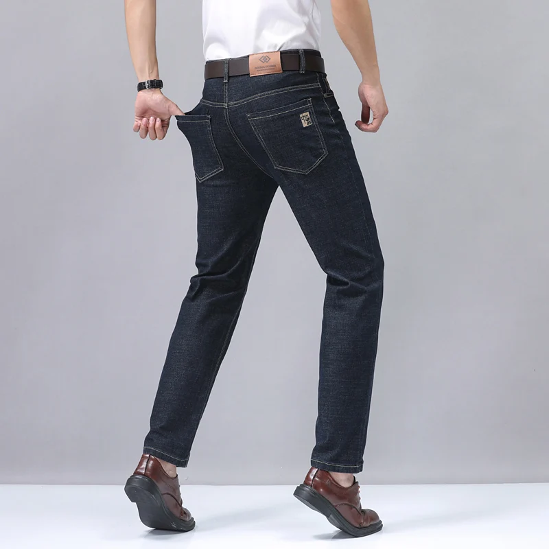 2025 New Embroidery Fashion Straight Jeans Men Stretch Black Blue Slim Fit Pants Comfortable Business Denim Trousers 28-40