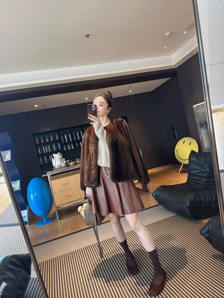 Lautaro Autumn Winter Brown Thick Warm Soft Faux Mink Fur Coat Women Lantern Sleeves Elegant Luxury Chic Fluffy Jacket 2026