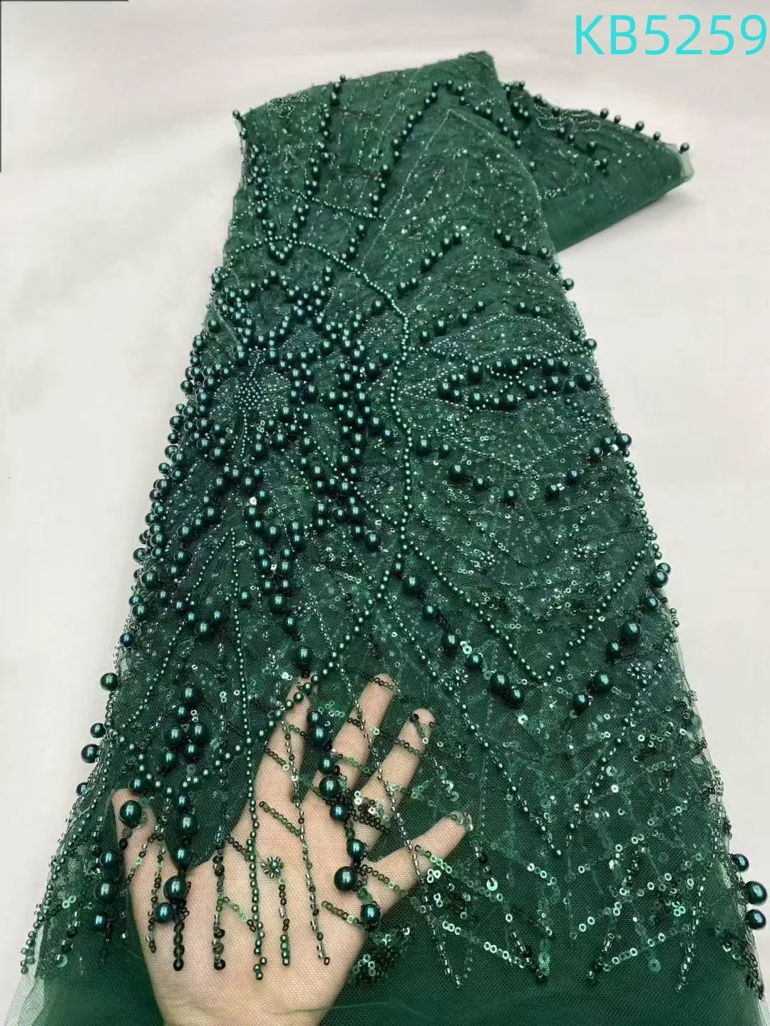 

Luxury African Fabric 5 Yards Green Beaded French Mesh Embroidered Lace Trim With Sequence Nigerian Tulle Lace For Sewing KB5259