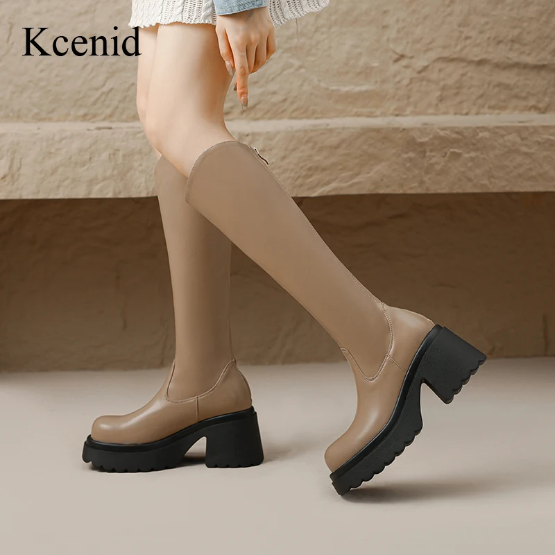 Kcenid Fashion Ladies Shoes Woman 2024 Winter Knee High Boots Women Round Toe High Heels Square Heels Platform Boots Plus Size43