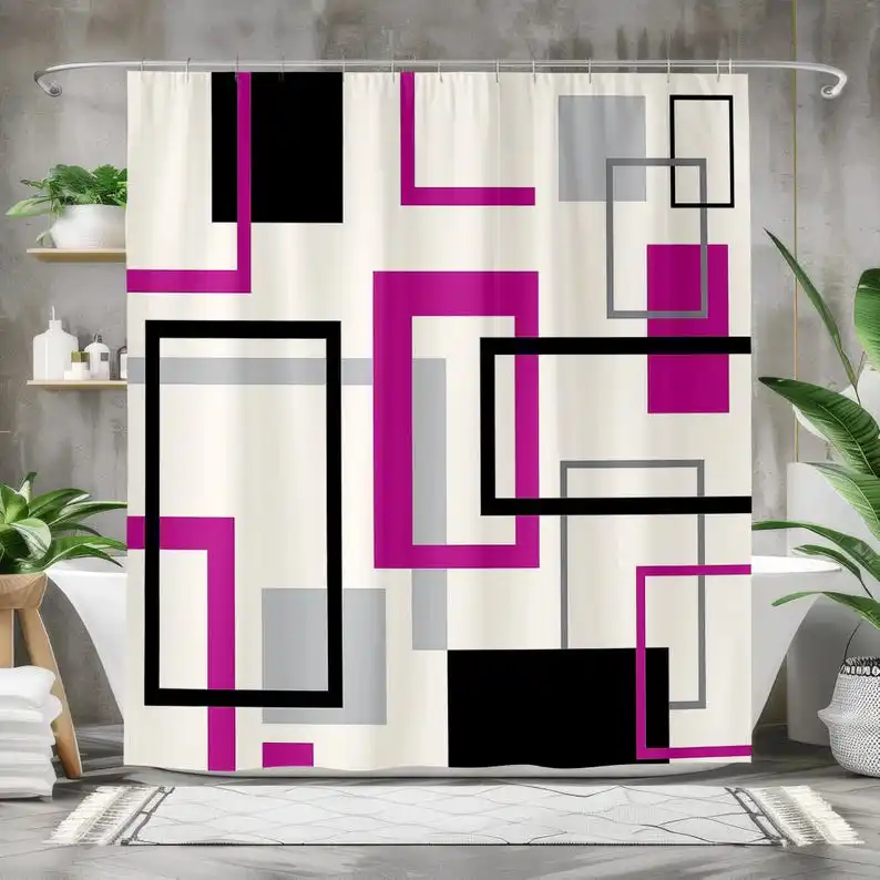 Geometric Shower Curtain in Pink, Black, and Gray, Bold Modern Rectangle Bathroom Decor, Abstract Polyester Curtain