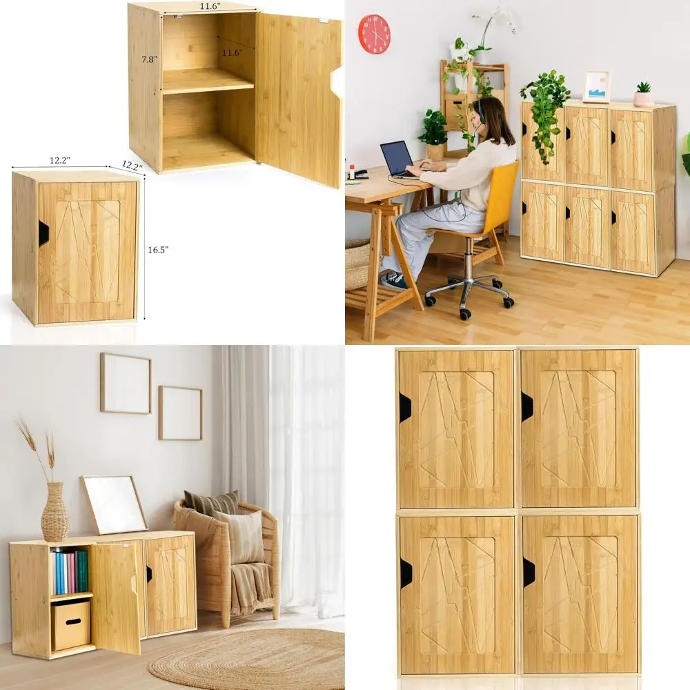 

Bamboo 2-Tier Storage Cube Organizer with Door, Stackable Bookshelf for Books and Home Office