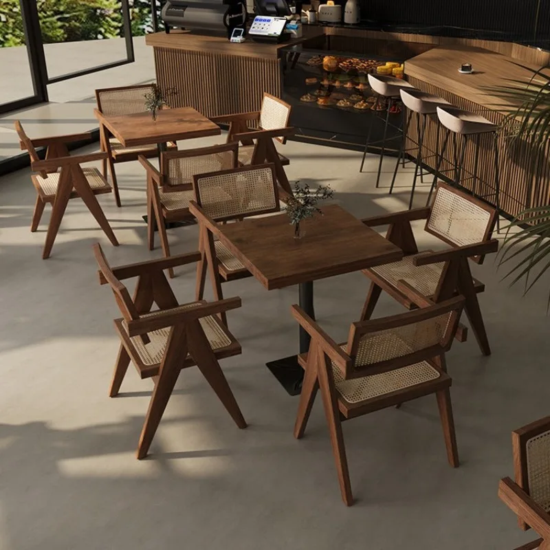 Wabi-sabi Retro Solid Wood Rattan Table Chair Set Commercial Restaurant Cafe Bar Lounge Negotiation Furniture