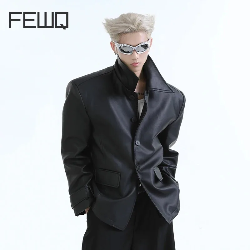 

FEWQ Niche Solid Color Simple Silhouette PU Leather Jacket High Street Trend Loose Darkwear 2024 Long Sleeve Male Tops 24E1937