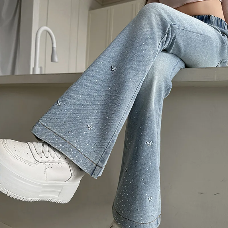 جينز ربيعي جديد للأطفال البنات لعام 2025 سروال جرس مرن للأطفال على شكل فراشة سراويل خريف من قماش الدنيم 4 5 8 10 11 12 13 سنة #1