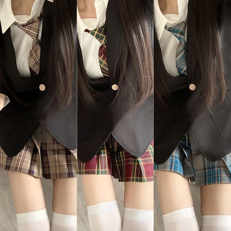 

Japanese School Fashion Jk School Uniform Coat Plaid Skirt Set Black Lapel Long Sleeve Jackets College Style Costume School Girl
