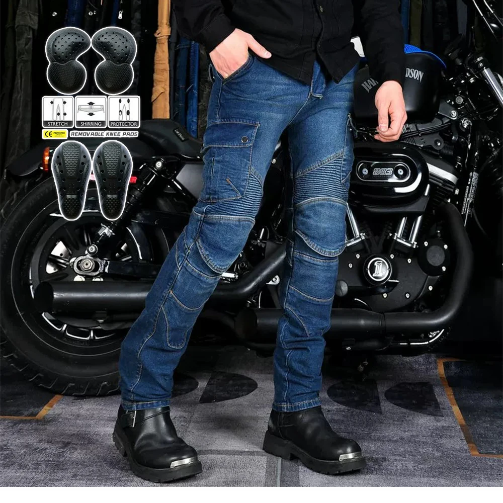 

2024New Men Blue Four Seasons Motocross Cycling Pants Belt Protective Gear Motorcycle Trousers Driver's License Test Motos Jeans