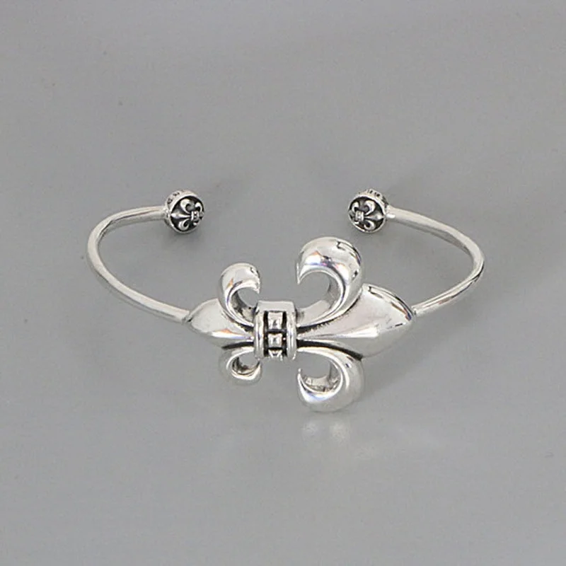 Pure Silver Scout Flower Bracelet with Opening for Men's Personality Trendy Retro Punk Style Stylist Accessories Simple Women's