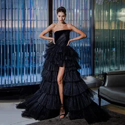 Glitter Black Tulle High Low Prom Party Dresses 2024 Custom Strapless Tiered Formal Occasion Dress Women Long Evening Gowns Gala