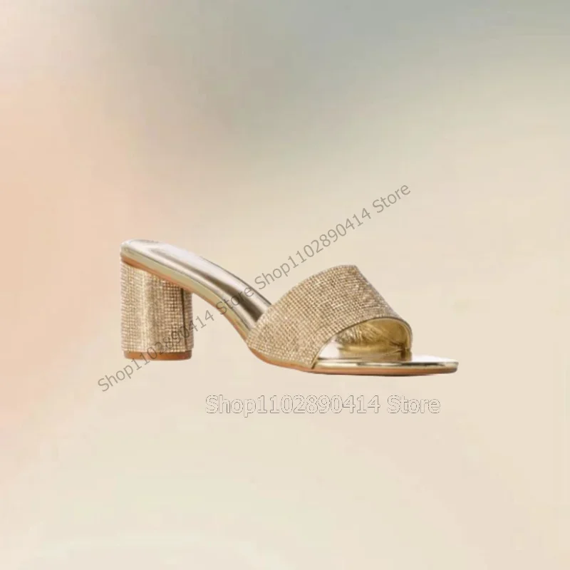 

Gold Rhinestone Decor Open Toe Slippers Slip On Women Shoes Chunky High Heels New Fashion Party Banquet 2025 Zapatos Para Mujere