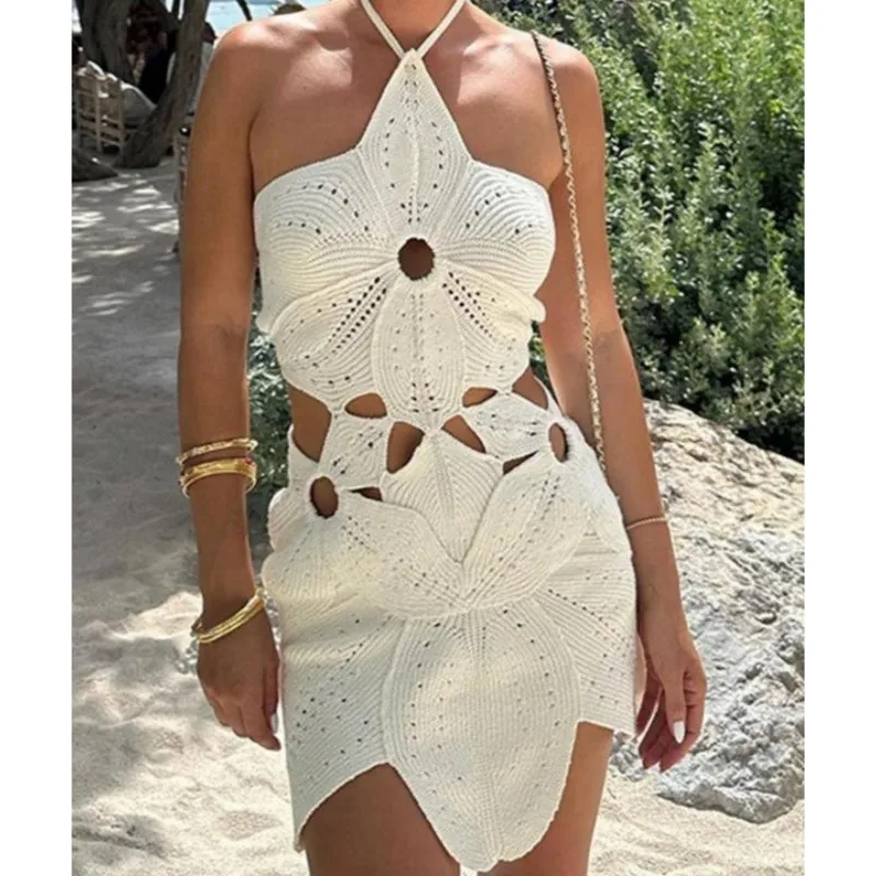 

New Women's Fashion Dress Backless Braided Flower Hollow Out Resort Mini Dresses Female Sexy Lace-Up Beach Style Woman Dress