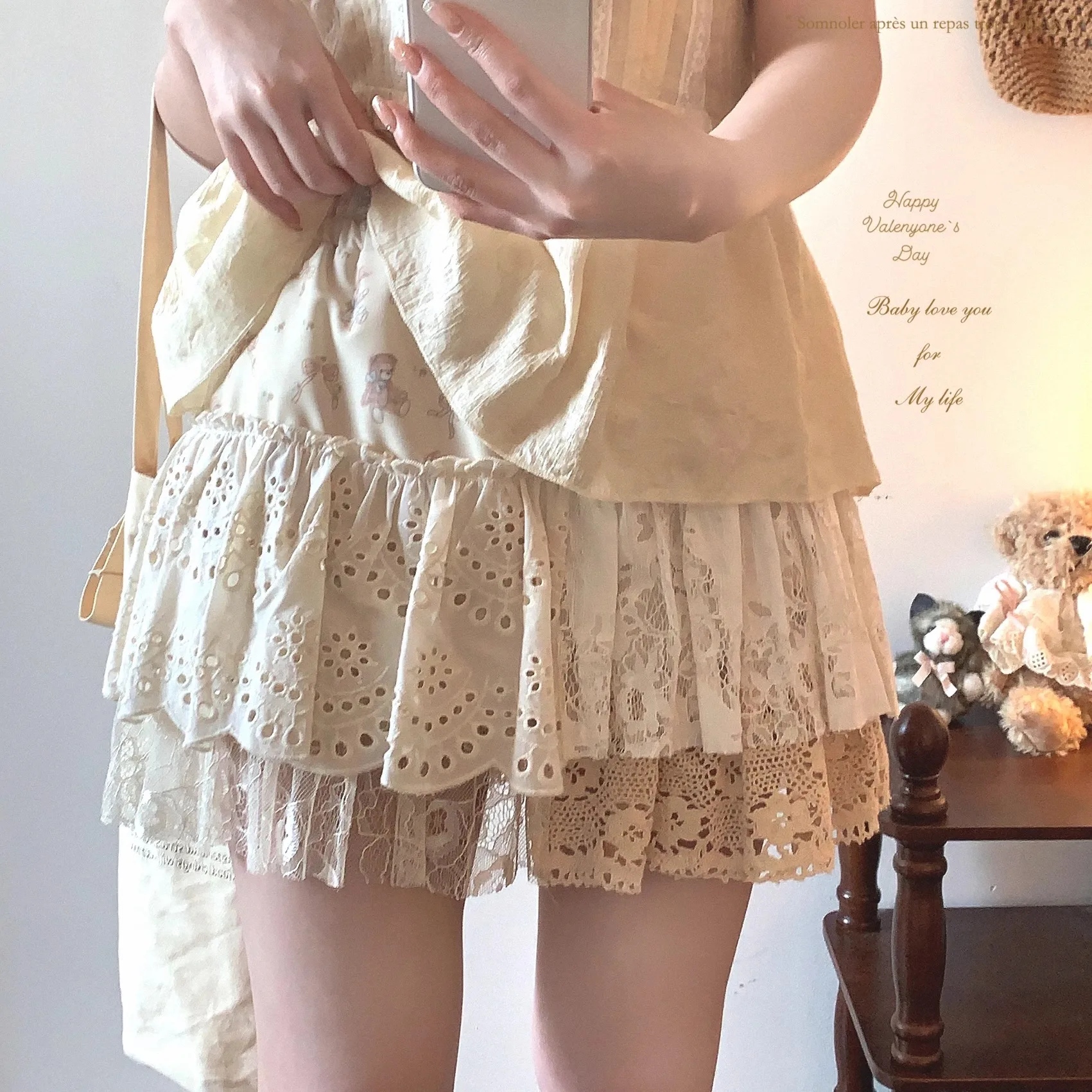 Japanese Elegant Retro Sweet Girl Skirts Elastic High Waist Lace Splicing Cute Bear Print Versatile Mini Cake Skirt Women Summer