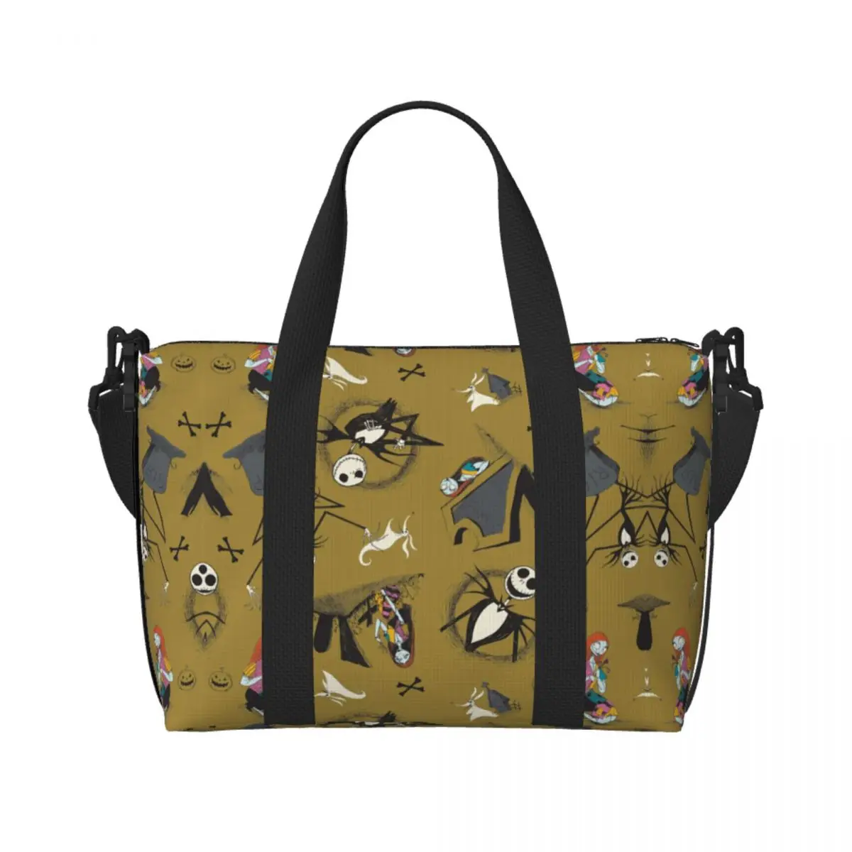 

Custom Halloween Horror Vintage Skull Jack Sally In Love Pattern Beach Tote Bag Large Compartment Beach Gym Travel Bags