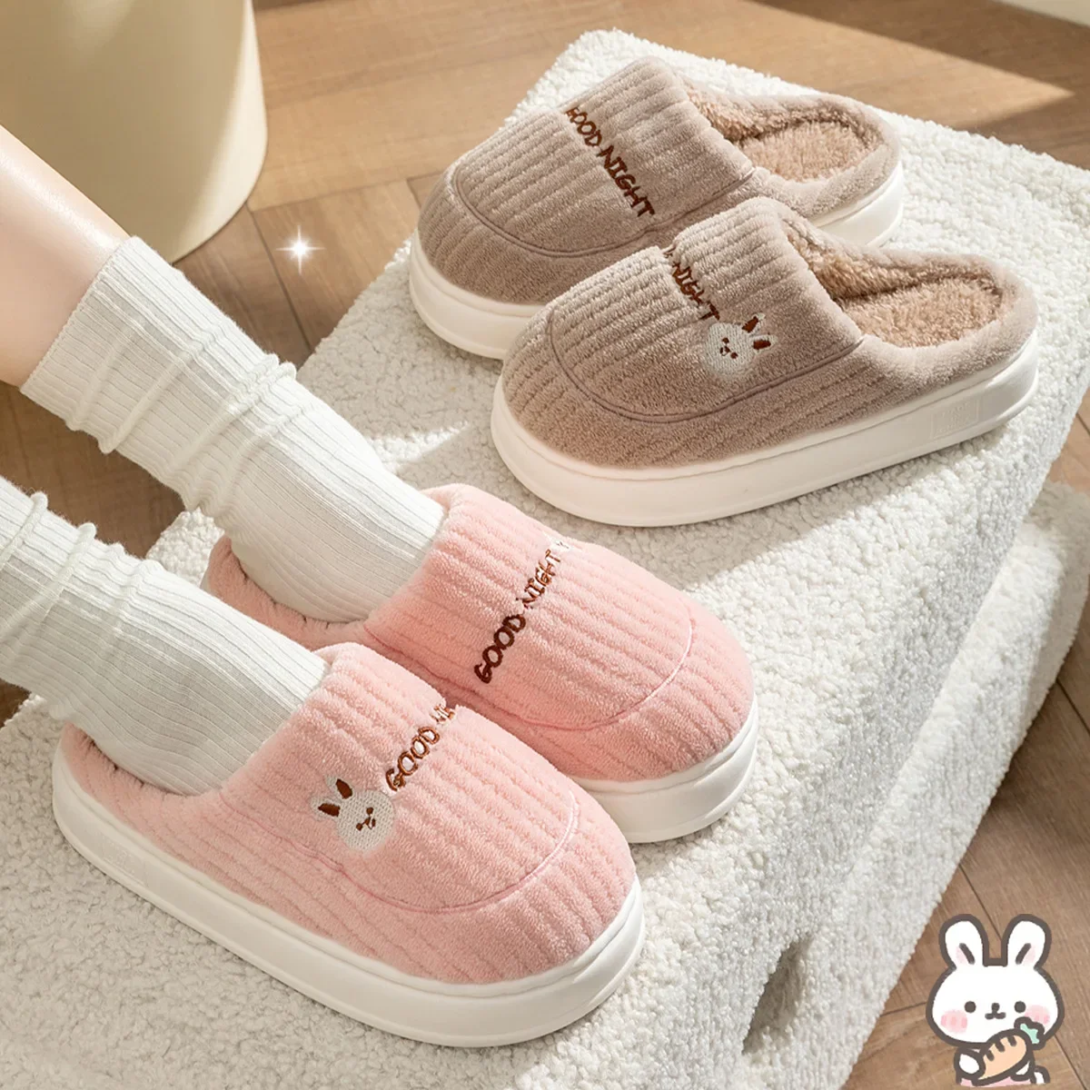 Winter Plush Slippers for Women & Men - Thick Sole Couple House Shoes, Warm Fleece-Lined Indoor Slides with Non-Slip Sole