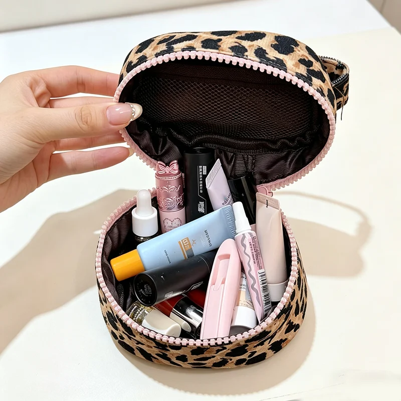Leopard Print Cosmetic Bag Large Travel Makeup Organizer with Mesh Pocket Cute Pink Zipper Toiletry Storage Case for Women