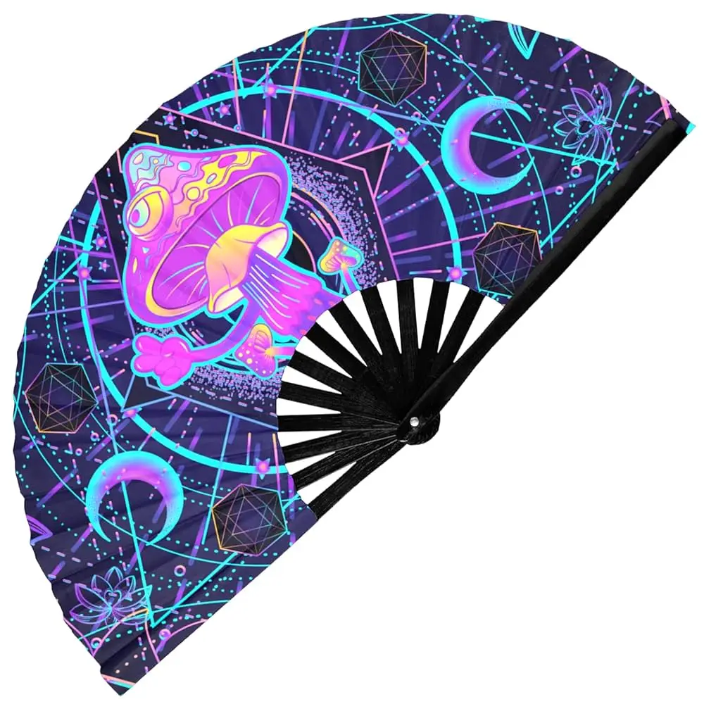 Psychedelic Mushroom Fan,UV Glow Rave Fan,Line Dance Clap Folding Fan Clack Folding Hand Fans for Dancing, Halloween,Club, Party