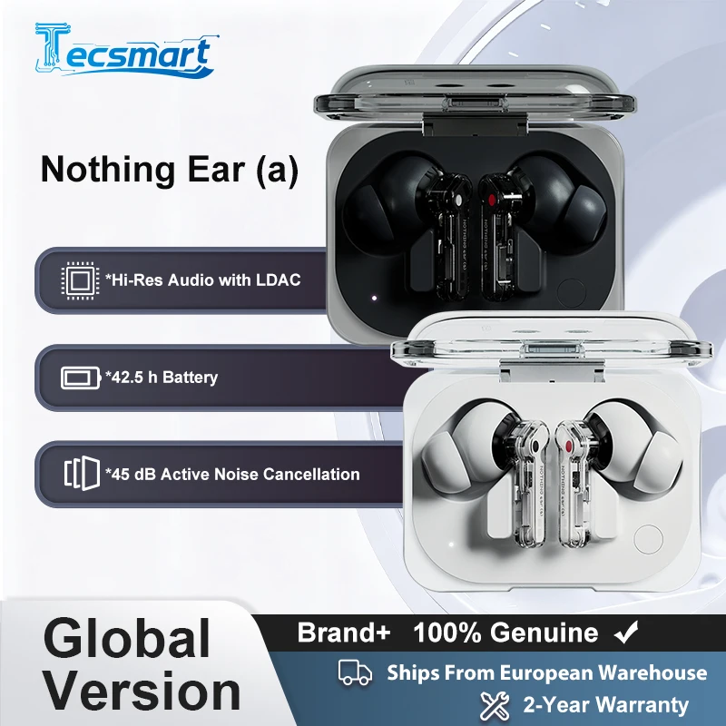 Nothing Ear (a) Draadloze Oordopjes, 45dB Actieve Ruisonderdrukking, Krachtige Dynamische 11 mm Driver, Geavanceerde Equalizer, Dubbele Verbinding, 6 Microfoons, 42,5 uur Speeltijd