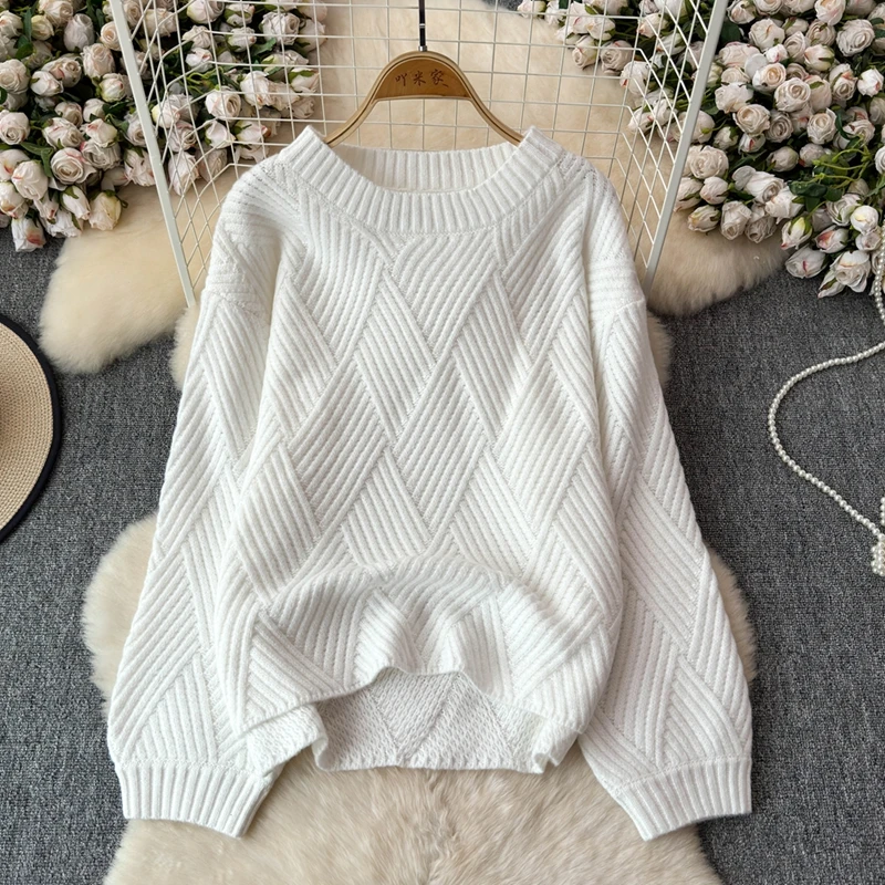 

Soft Warm Sweater for Women Stripes Print Round Collar Loose Pullover Long Sleeve Knitting Tops Split Side Bottom Knitwear Shirt