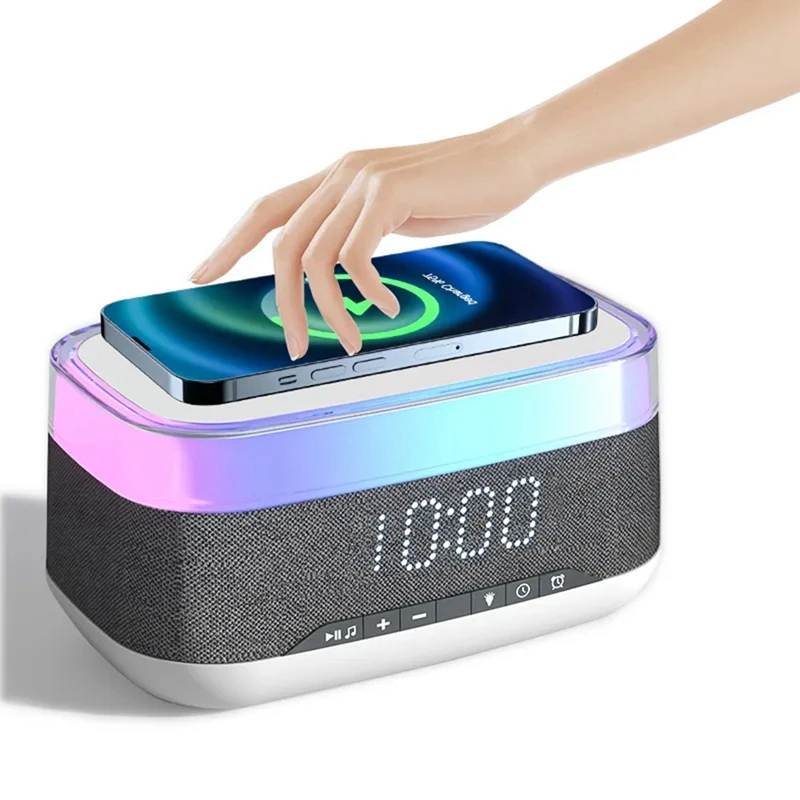 US Plug, Bluetooth Speaker With Wireless Charging Alarm Clock, Bedside Lamp Wireless Charger Station Snooze Night Light