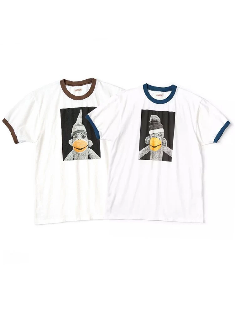 Kapital 24ssJapanese-style Loose and Casual Pure Cotton Round-neck Patchwork Monkey Print Short-sleeved T-shirt