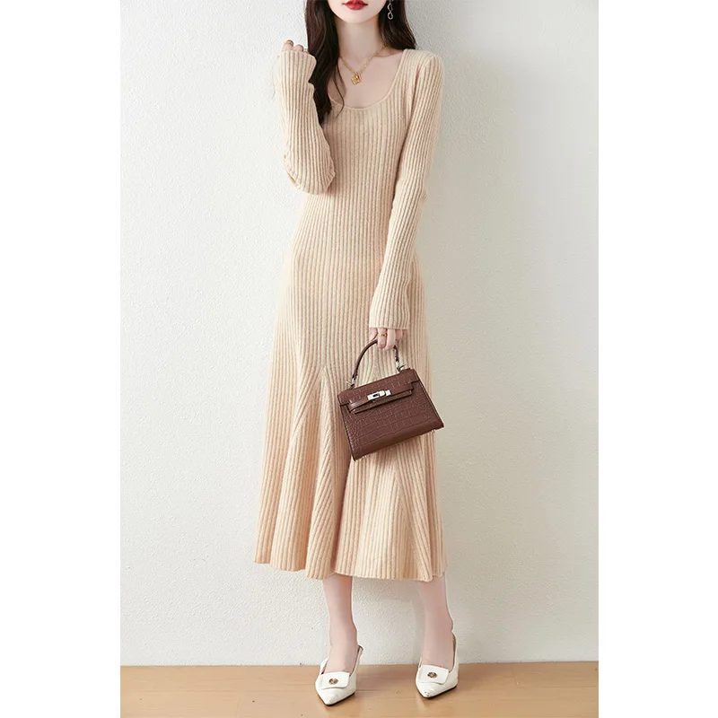 2024 new autumn and winter, women's long dress, casual, comfortable, fashionable, round neck, wool knitted skirt