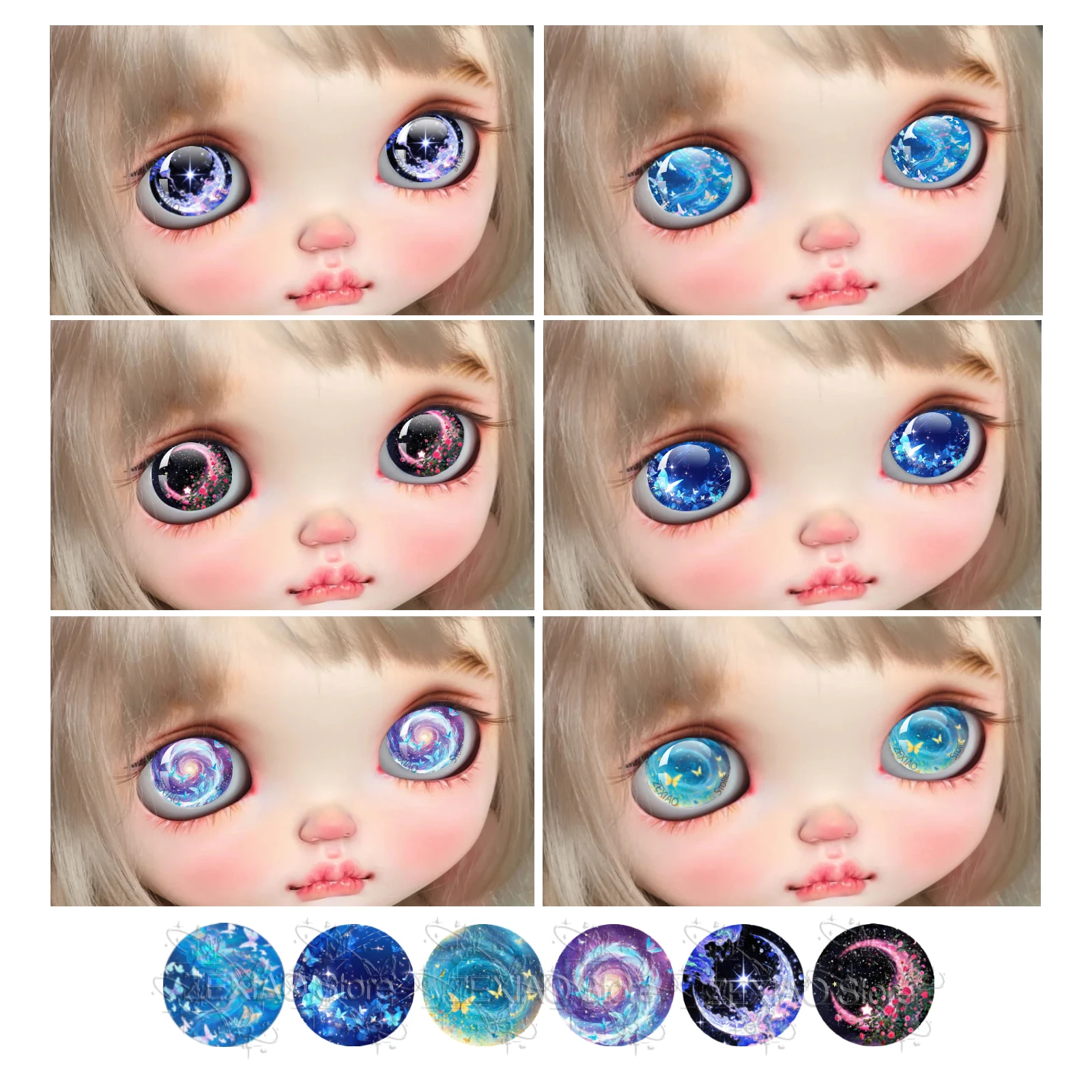 12Pcs Blyth Doll BJD Eyes Chips Dreamy Starry Sky Butterfly Pattern Glass Eyes Cabochons Blyth Pupil Eye Chips Toy Jewelry MS008