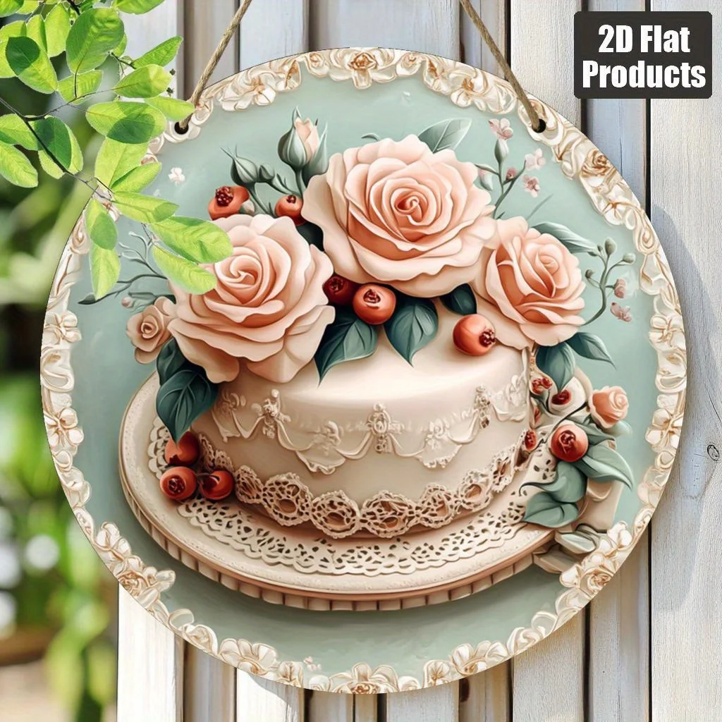 Ein flaches 2D-Stück kreisförmiges florales Holzschild mit Rosen-, grünen Blättern und Beeren-Design – für Heim- und Café-Dekoration