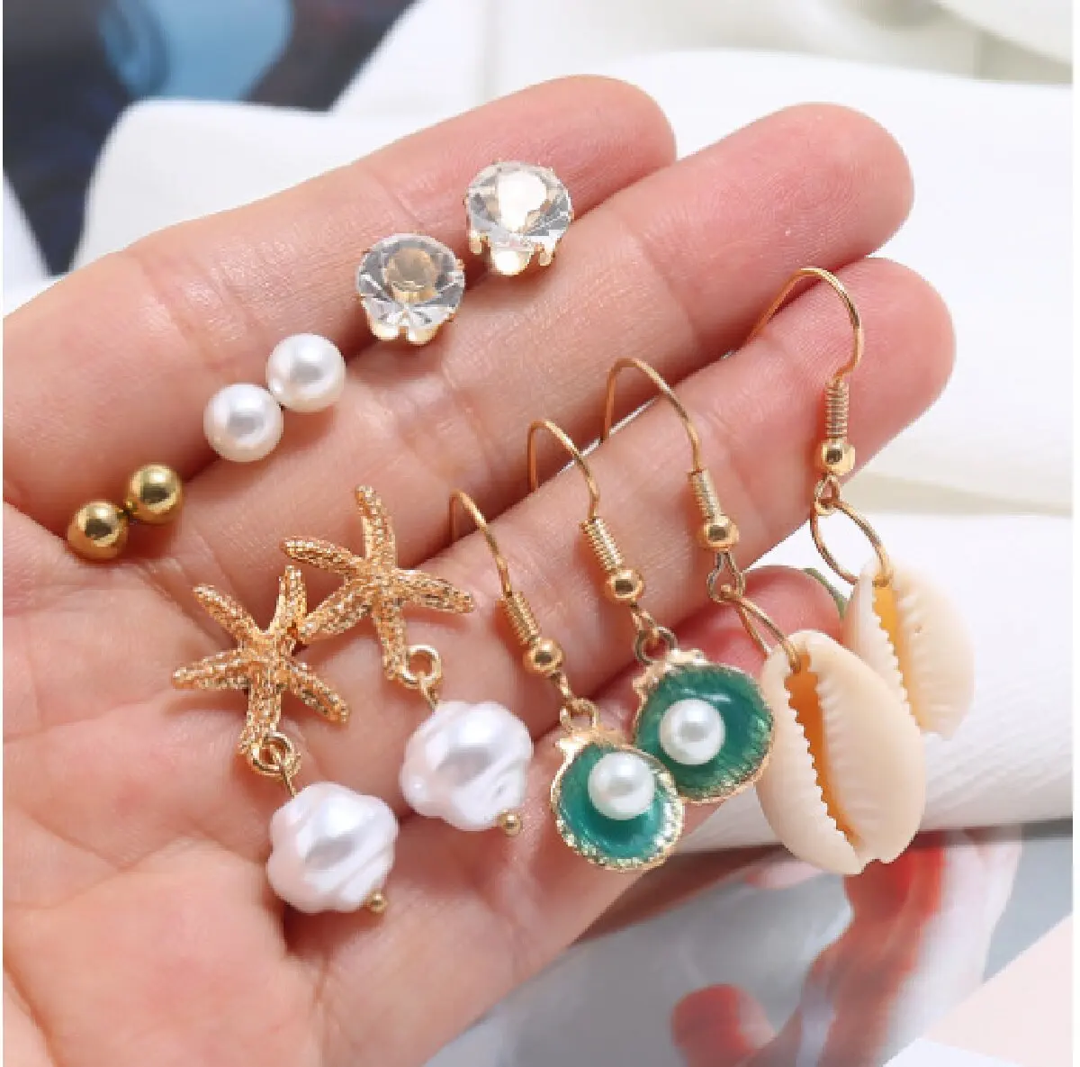 12 Pcs Fashion Summer Shell Shell Conch Starfish Ocean Zircon Imitation Pearl Earrings Set Women Seaside Outdoor Holiday