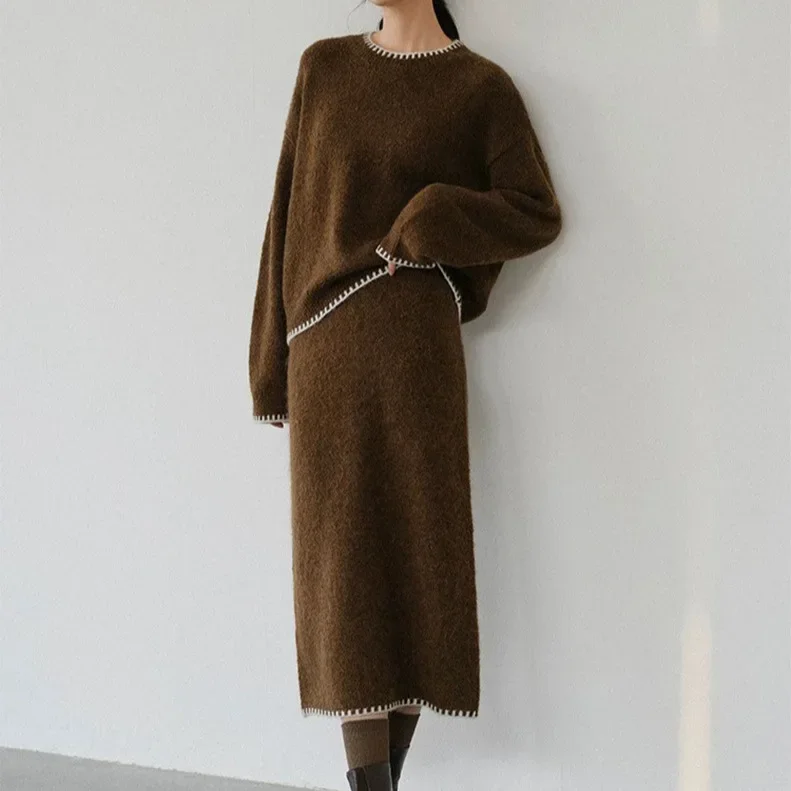 

Fashion Casual Suit 2025 Autumn and Winter New Product Solid Color Round Neck Contrasting Edge Knitted Skirt Set