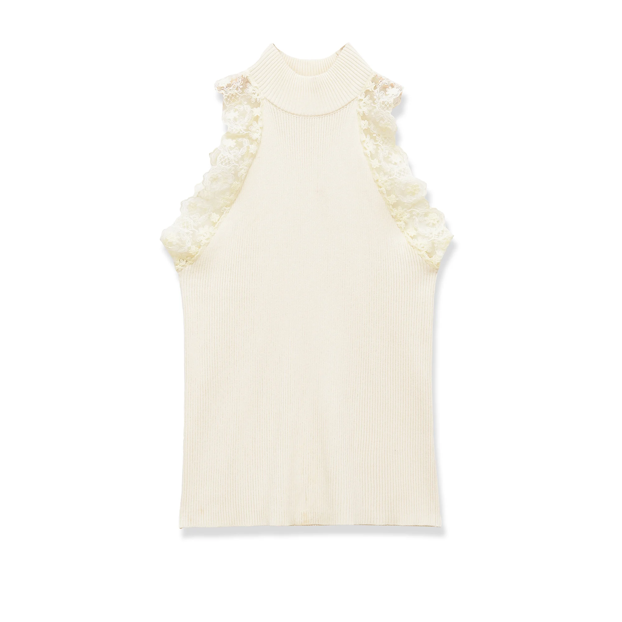

Women's Chic Lace Splice Ribbed Sveless High Collar Sleeveless Knitted Vest Shirt Summer New Female Faion Casual Camisole Tops