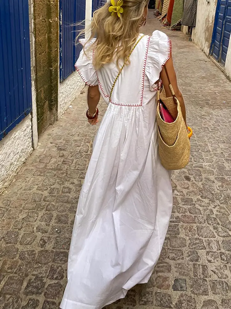 Women Loose Printed Flying Sleeve Dress Women Fashion V-neck Ruffles Hem Long Dresses 2024 New Summer Female Holiday Robes 