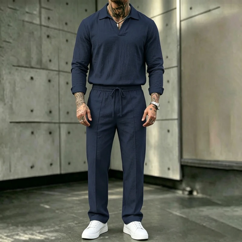 2026 Spring Fall Mens Polo Shirts And Pants Two Piece Suits Daily Casual Loose Solid Color Long Sleeve Sets Men Linen Outfits